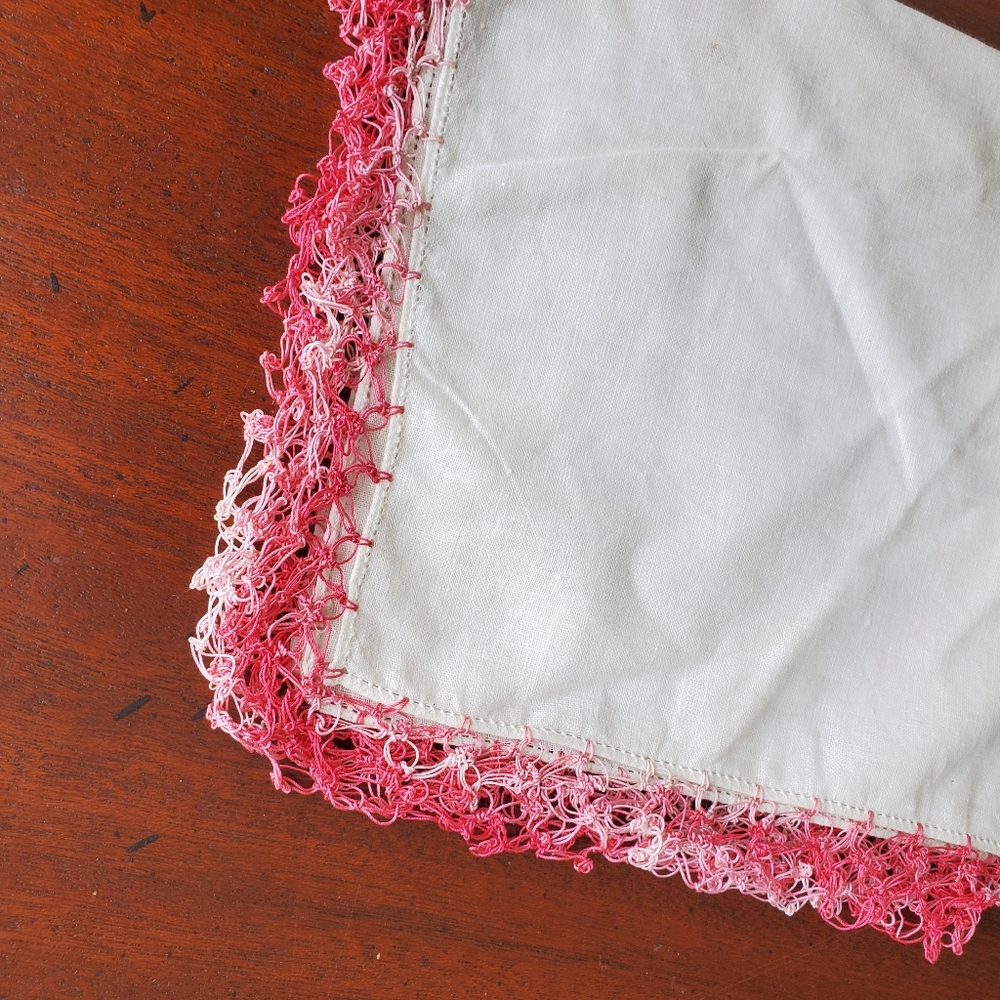 HANDKERCHIEF Lace Trimmed Pink Hankie, Vintage Cotton, Handmade Lace